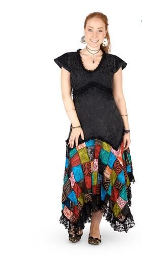 Long Boho Dress with Cap Sleeves and Patchwork Skirt (BLK)