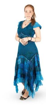 Long Boho Dress with Cap Sleeves and Patchwork Skirt (TEAL)