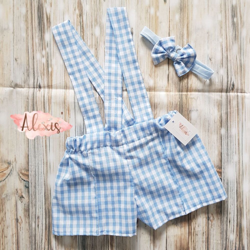 Gingham shorts with braces and dicky bow set