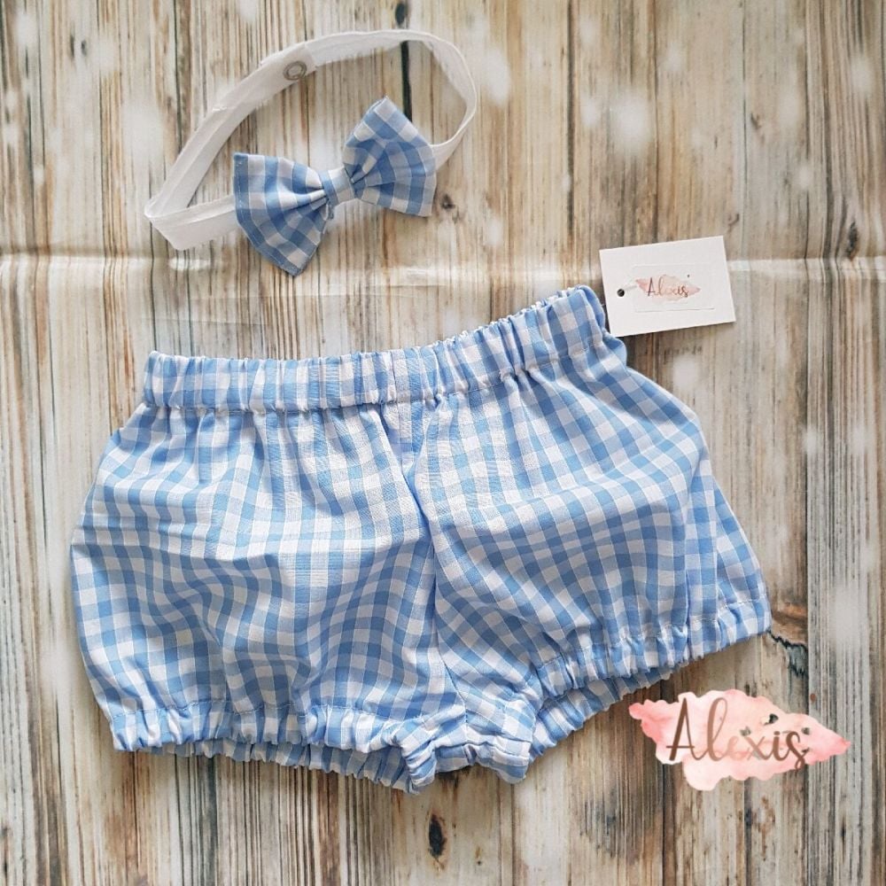 Blue gingham jam pants and dicky bow
