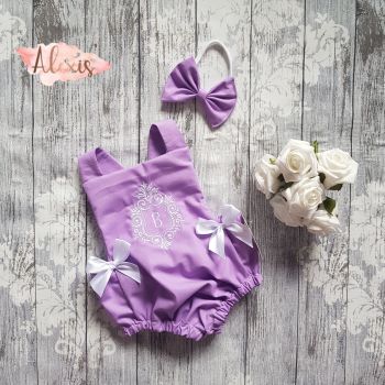 Monogram embroidery bow romper 