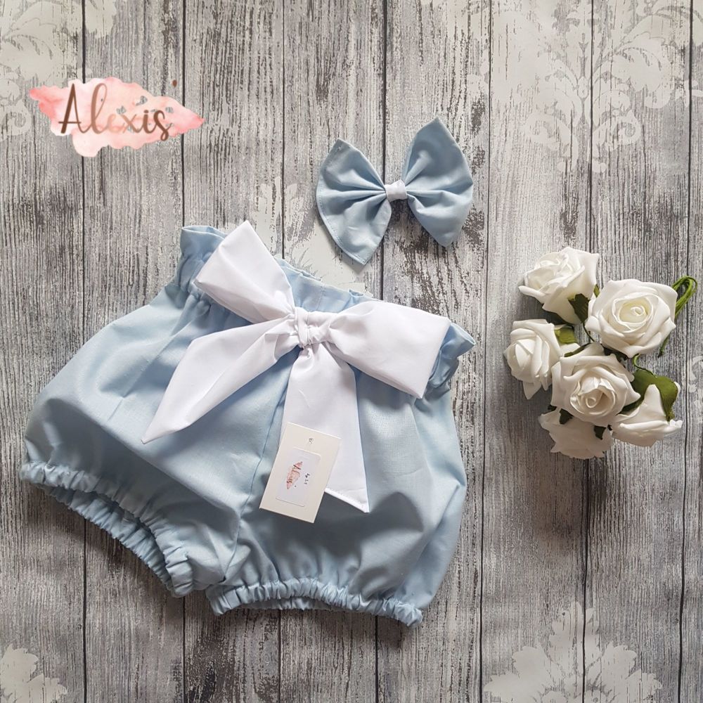 Baby blue and white high waisted jam pants 
