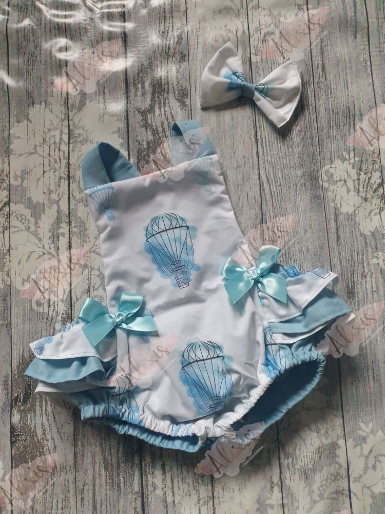 Hot air balloon frilly bum romper in blue 