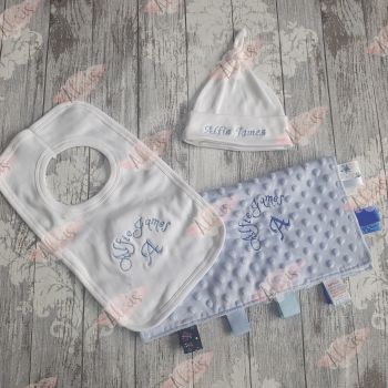 Blue 3 piece taggy, bib and hat set