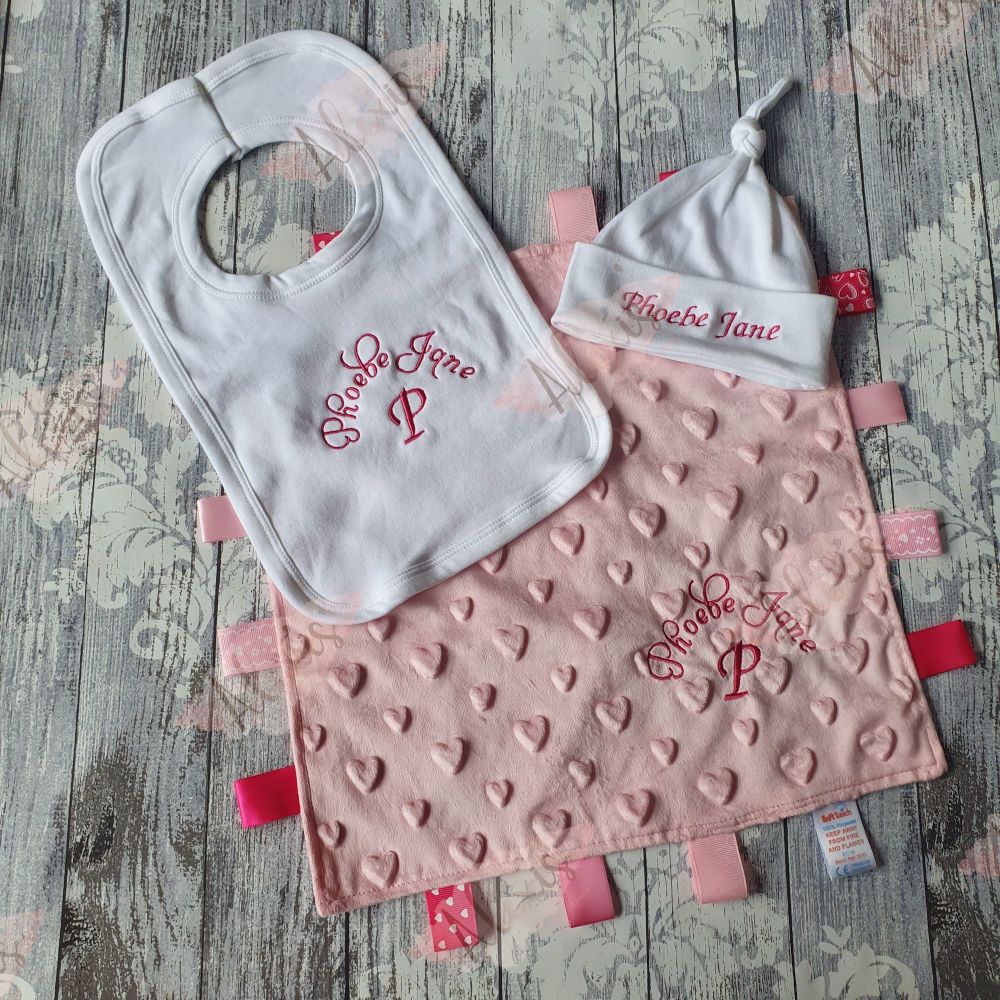 Pink 3 piece taggy, bib and hat set 