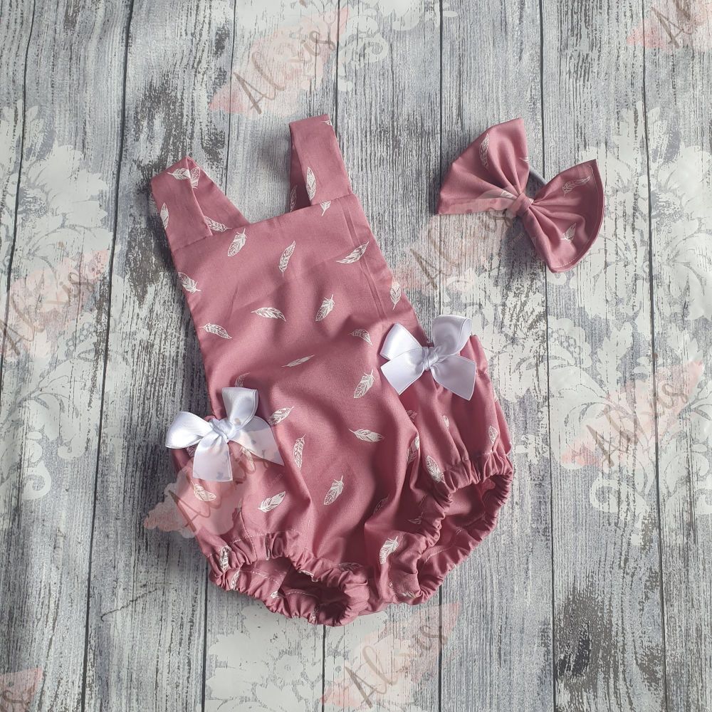 Dusky pink feather bow romper