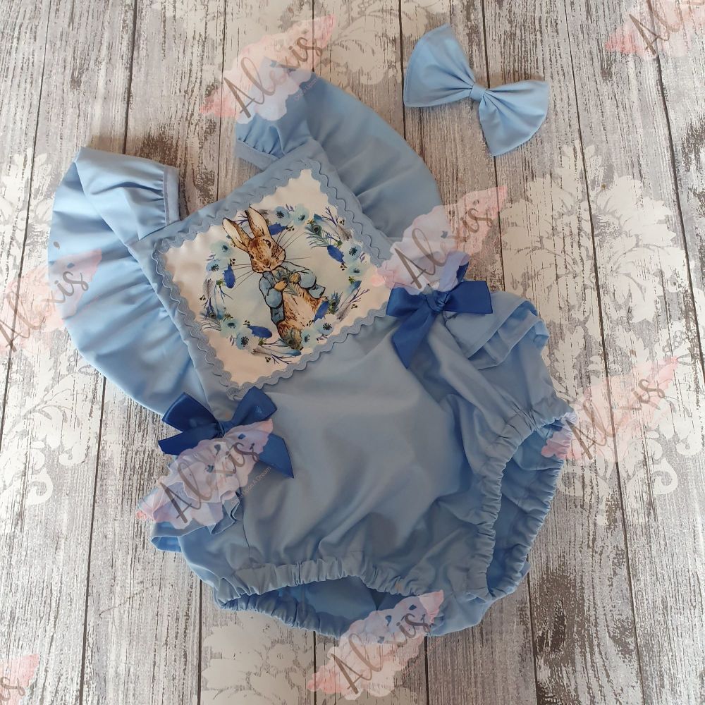 Peter rabbit blue feather frilly bum romper 