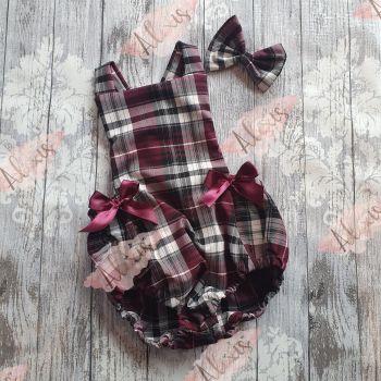 Wine tartan bow romper