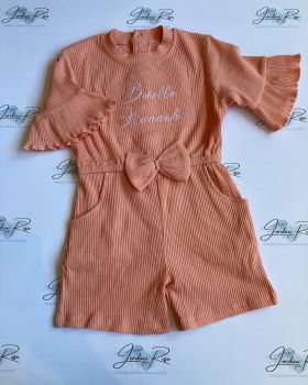 Peach ribbed frilly play suit