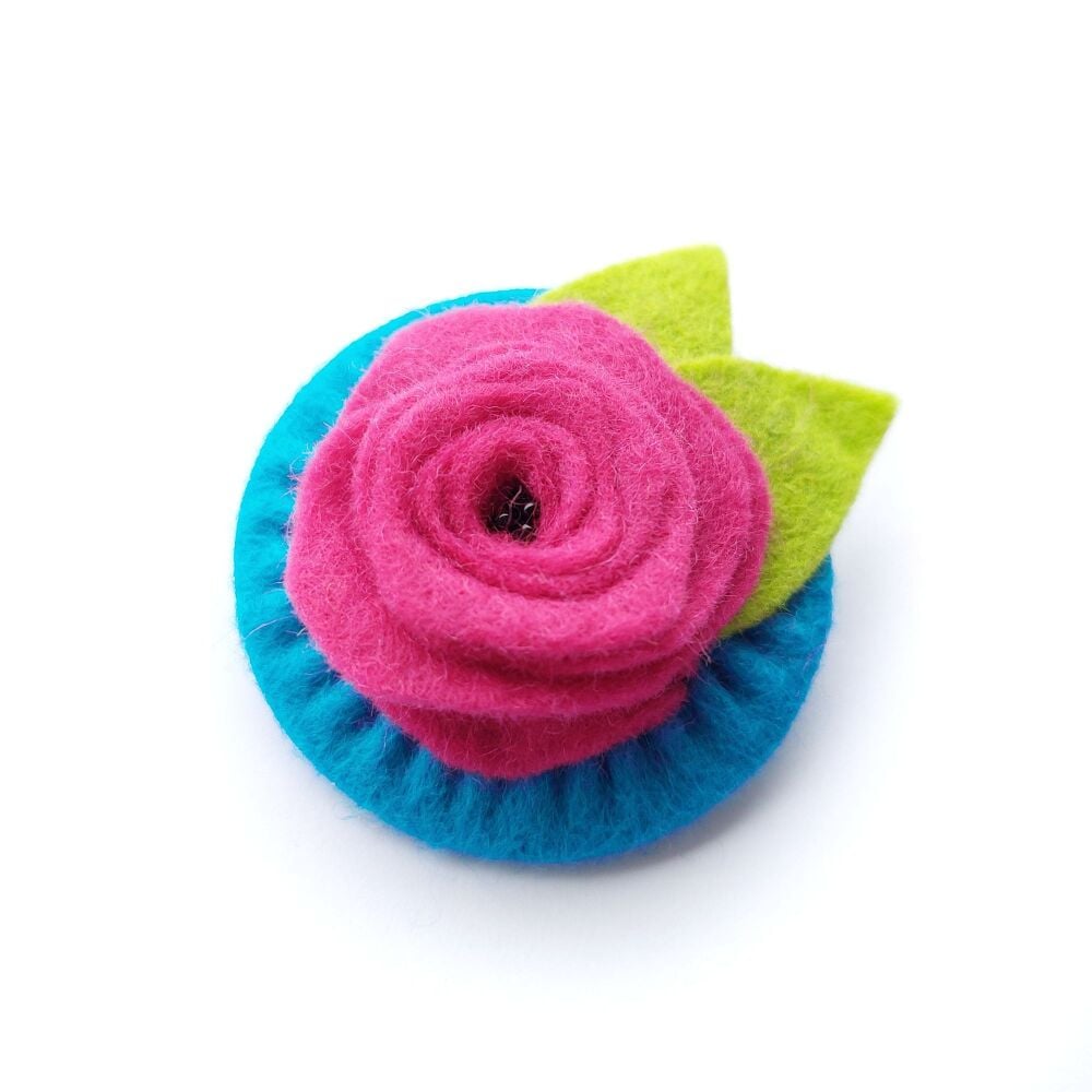 Hot Pink Felt Rose Brooch