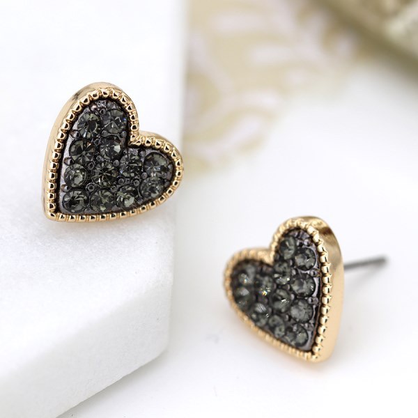 EARRINGS - BLACK CRYSTAL HEART STUD (03220)
