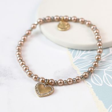 BRACELET - PINK PEARL AND BEAD BRACELET WITH GOLDEN CRYSTAL HEART 03167