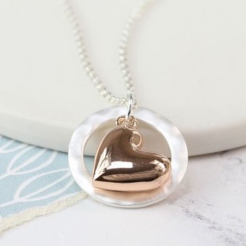 NECKLACE - ROSE GOLD PLATED HEART IN SILVER HOOP NECKLACE 03172