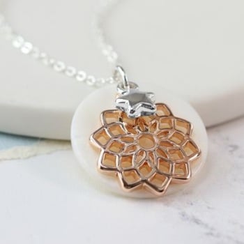 NECKLACE - SILVER PLATED ROSE GOLD PLATED MANDALA PEARL DISC NECKLACE 03161