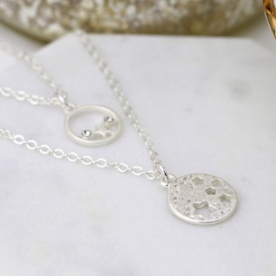 NECKLACE - SILVER PLATED DOUBLE LAYER STAR DISC CRYSTAL NECKLACE 03234