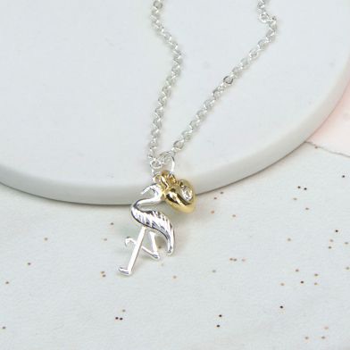 NECKLACE - SILVER PLATED FLAMINGO, GOLD CRYSTAL HEART NECKLACE 02795