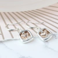 EARRINGS - ROSE GOLD HEART AND SILVER PLATED SQUARE EARRINGS 03084