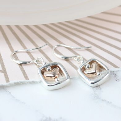 EARRINGS - ROSE GOLD HEART AND SILVER PLATED SQUARE EARRINGS 03084