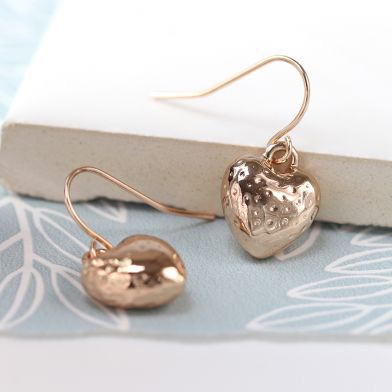 EARRINGS - ROSE GOLD PLATED HAMMERED HEART DROP EARRINGS 03114