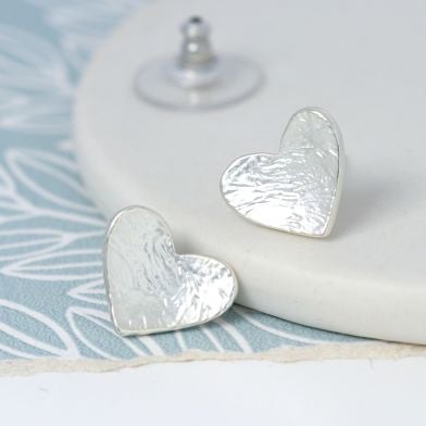 EARRINGS - SILVER PLATED FOIL TEXTURE HEART STUD EARRINGS 02173