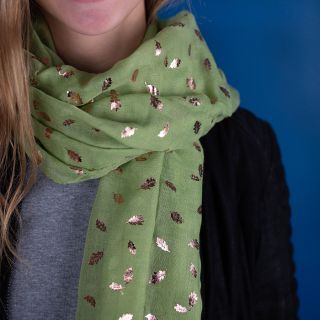 SCARF PISTACHIO GREEN WITH ROSE GOLD OAK LEAF PRINT (51359)