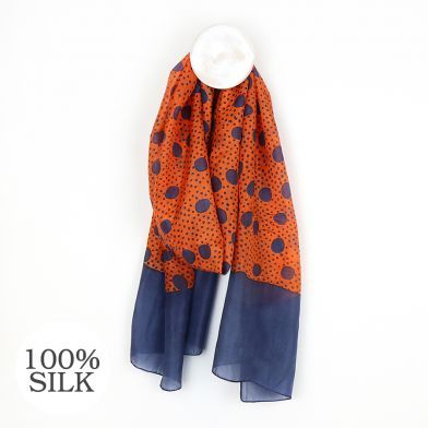 SCARF 100% SILK ORANGE AND NAVY SPOTS & DOTS BORDER (51597)