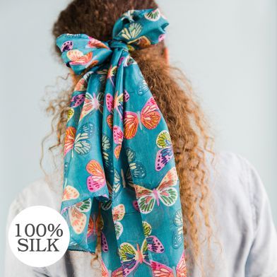 SCARF 100% SILK MULTI COLOUR AND TURQUOISE BUTTERFLY (51591)