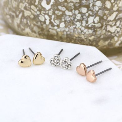 EARRINGS - TRIPLE HEART ROSE GOLD, SILVER & CRYSTAL SET 03226
