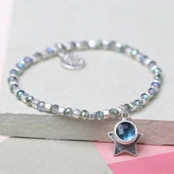 BRACELET - SILVER CUBE BEAD & BLUE CRYSTAL WITH STAR 03264