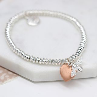 BRACELET - SILVER PLATED FINE BEAD WITH ROSE GOLD HEART & BEE 03271