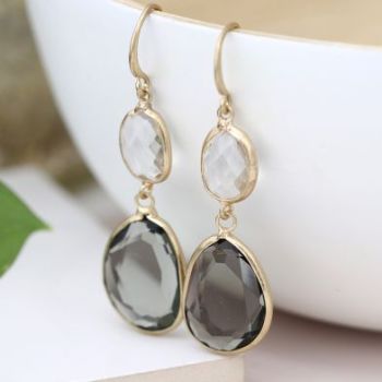 EARRINGS - GOLD PLATED SMOKEY  & CLEAR CRYSTAL DROP 03304