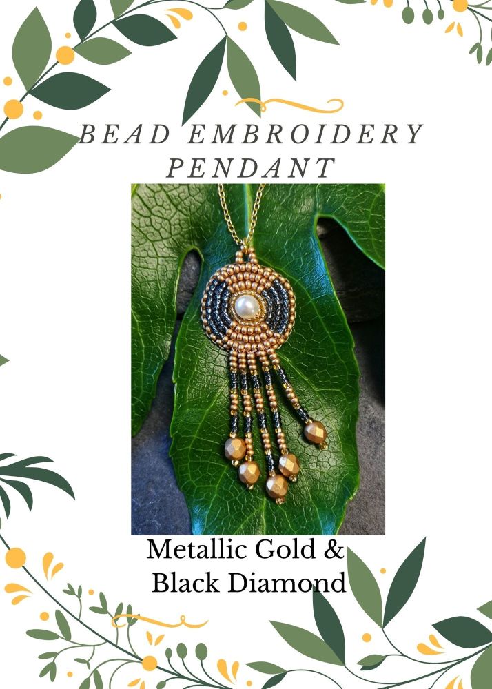 Bead Embroidery Pendant Kit - Metallic Gold & Black Diamond