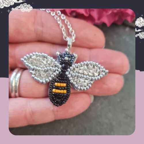 Mini Bead Embroidery Queen Bee Necklace - Silver