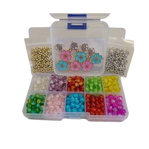 Deep Brights Crackle Glass Bead box with Accessories