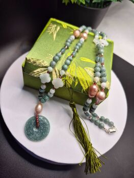 Jadeite, Burmese Garnet & Freshwater Pearl Necklace | Sterling Silver