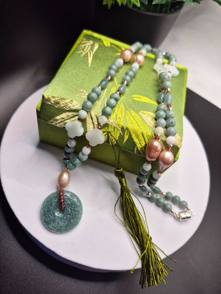 Jadeite, Burmese Garnet & Freshwater Pearl Necklace | Sterling Silver