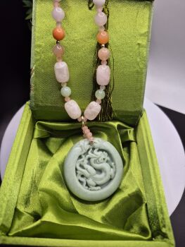 Natural Morganite, Rose Quartz & Calcite Dragon Pendant Necklace | Sterling Silver