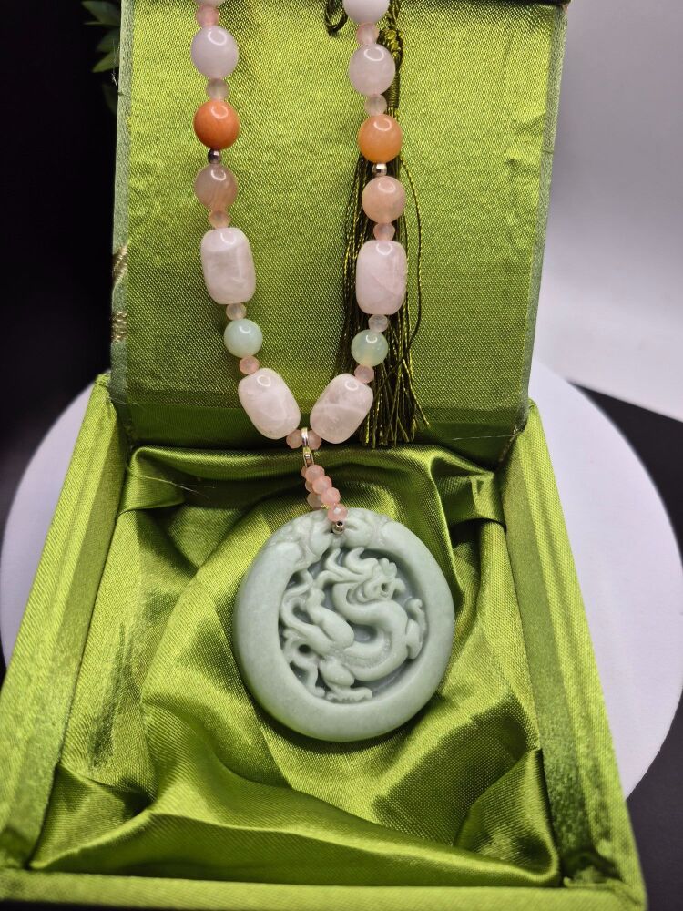 Natural Morganite, Rose Quartz & Calcite Dragon Pendant Necklace | Sterling