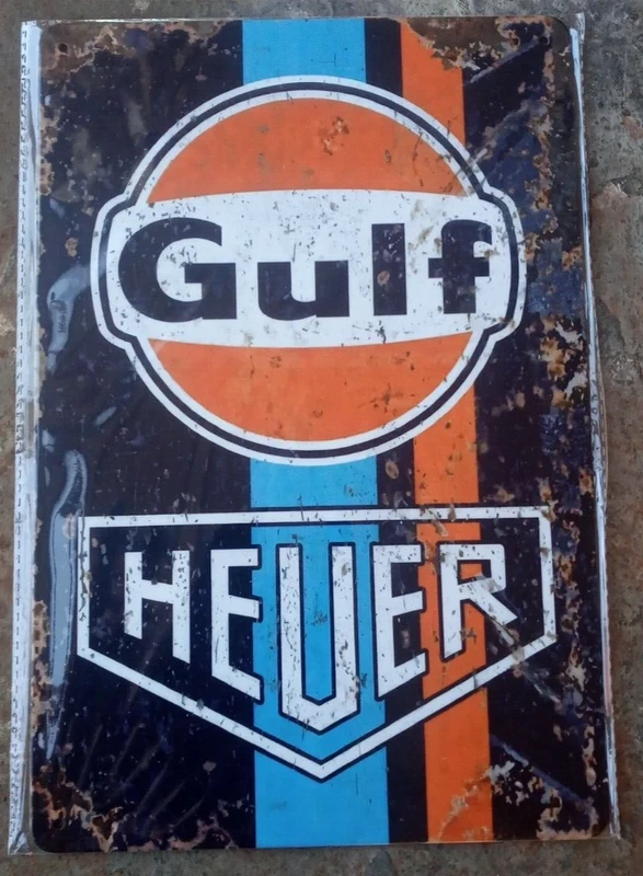 Gulf Heuer Vintage Garage Oil Fuel Workshop Tool Shed Man Cave Metal Sign A