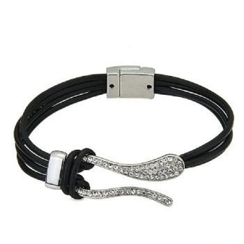 Diamante Black Leather Glossy Finish Women Bracelet 