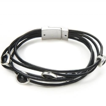 Black Multi Leather Straps Bracelet With Crystal Stones