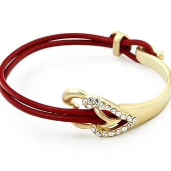 Red Leather Women Bracelet Gold Hearts Finish