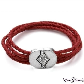Red Leather Multi Strap Bracelet With Silver Diamante 