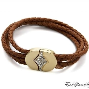 Multi Strap Brown Leather Bracelet Diamante Gold Finish 