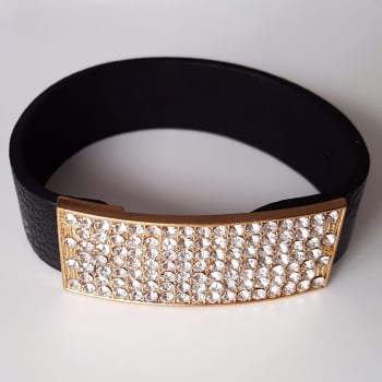 Black Leather Bracelet With Crystals Gold Finish  