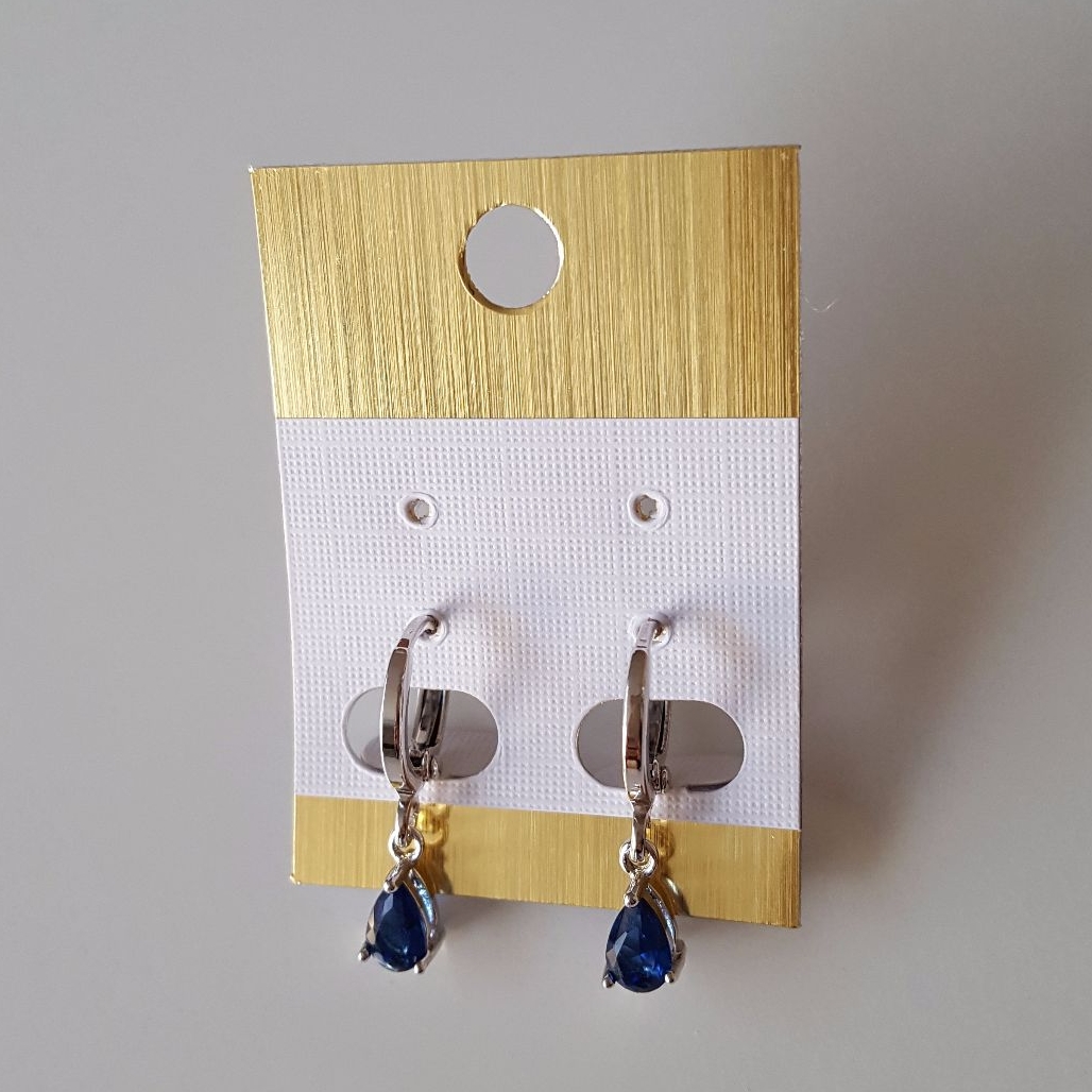 Small Women Hoops Silver Earrings With Dangle Blue Crystal Stones