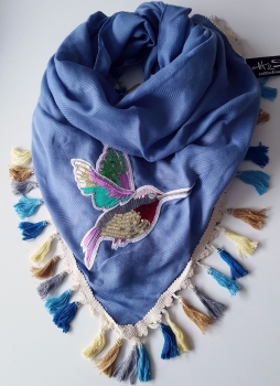 Blue Oversize Triangle Women Scarf With Beauty Bird And Fringes
