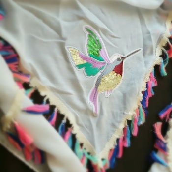 Ivory Oversize Triangle Women Scarf With Bird Neon Fringes