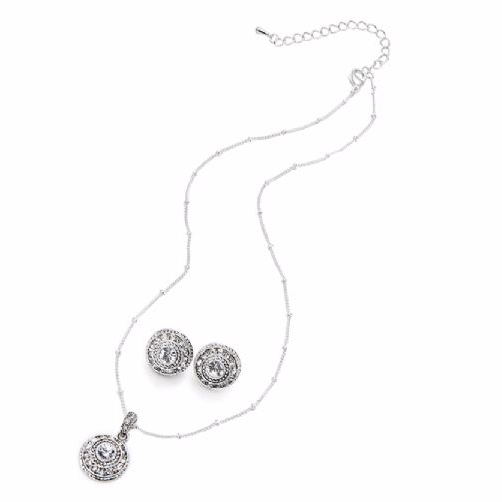 Elegant Circular Pendant and Earrings Set Silver Finish Crystal Stones