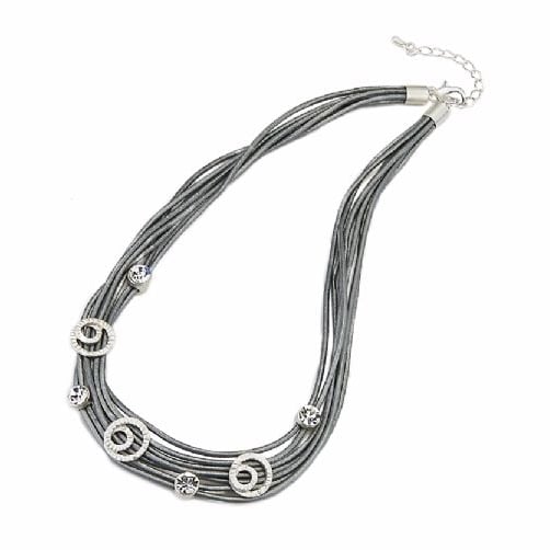 Multi Strap Leather Charm Women Necklace Grey